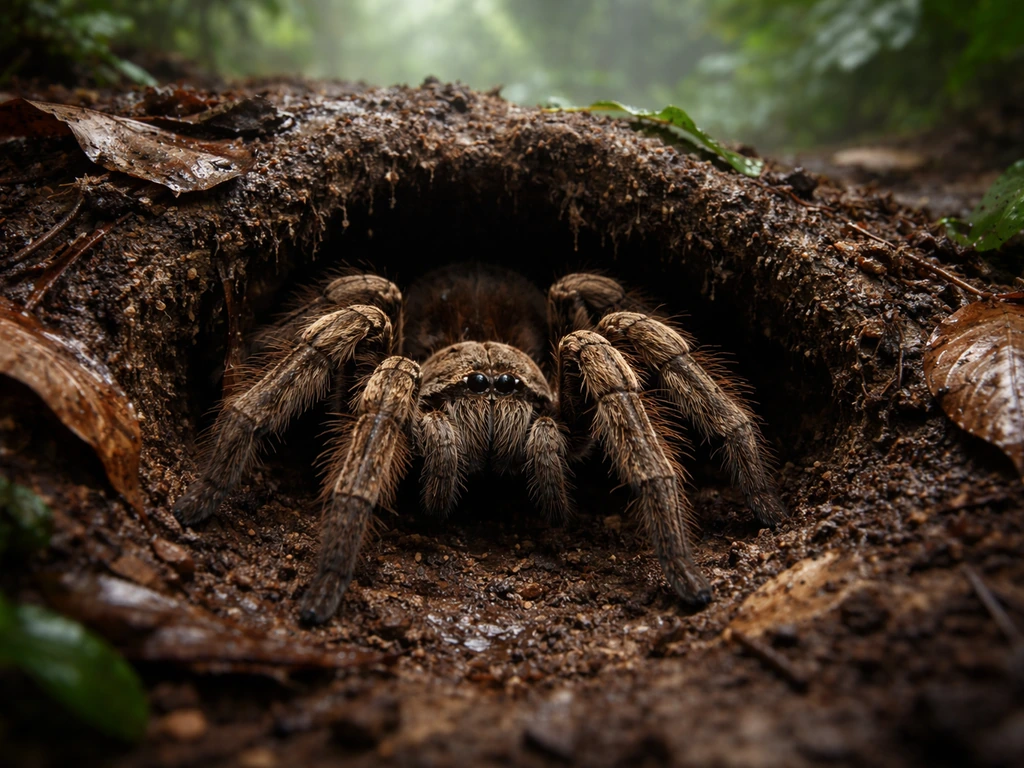A goliath bird-eating spider partially emerged from a humid rainforest burrow entrance.