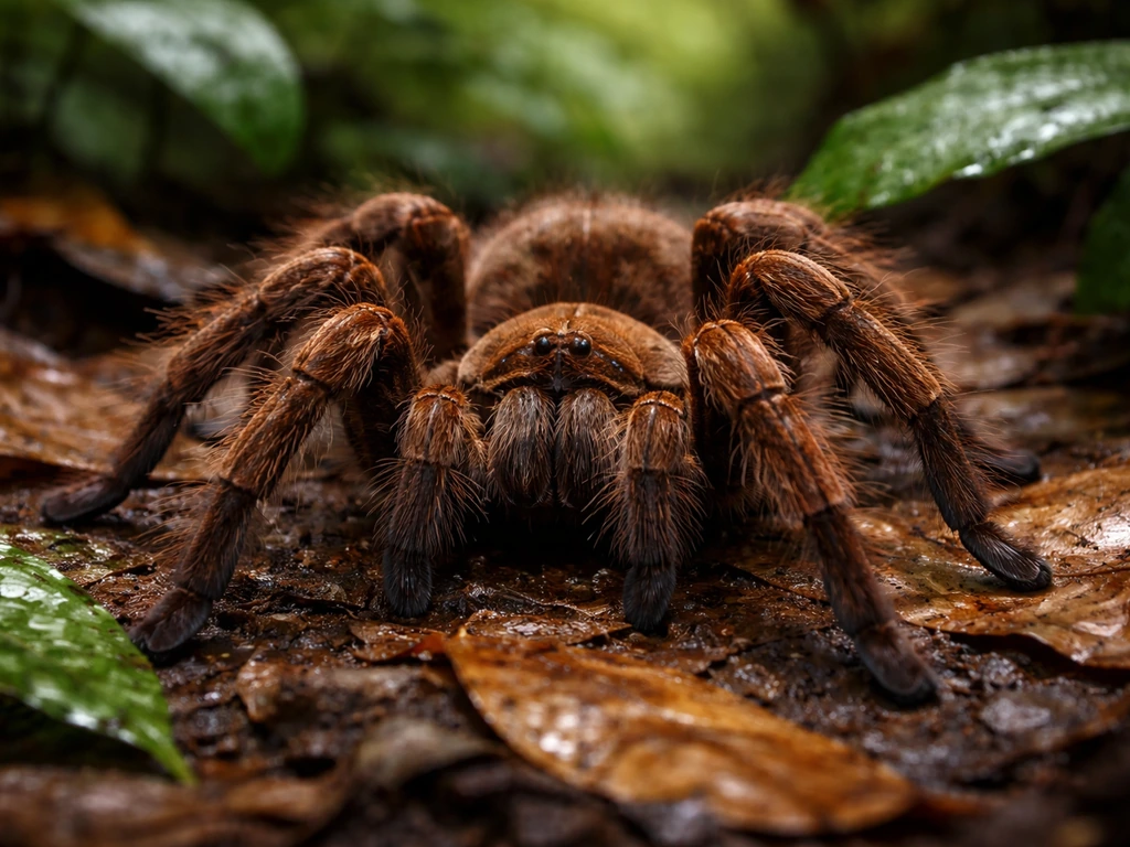 Close-up of a Goliath birdeater tarantula on rainforest leaf litter, showing its large legs and realistic texture.
