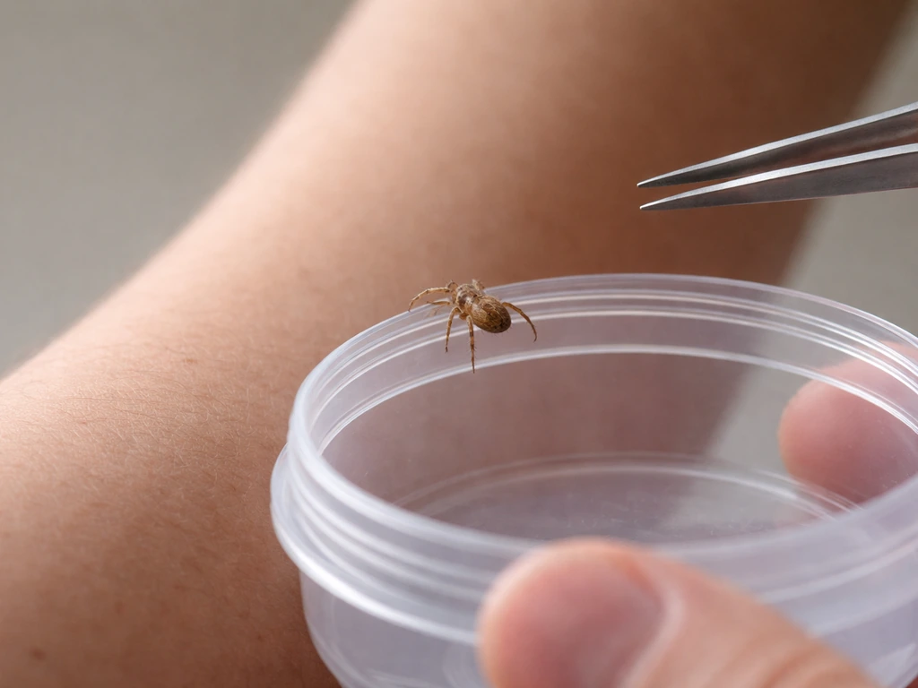 Close-up of a spider near skin while a container and tweezers gently handle it, non-graphic scene.