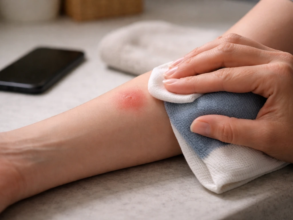 Person cleaning a spider bite with antiseptic and applying a cold pack, with phone for emergency help nearby.