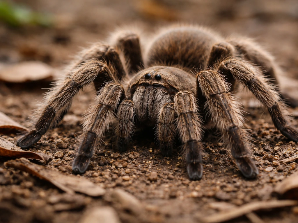 Macro close-up of a large brown tarantula on a simple forest floor under natural light.