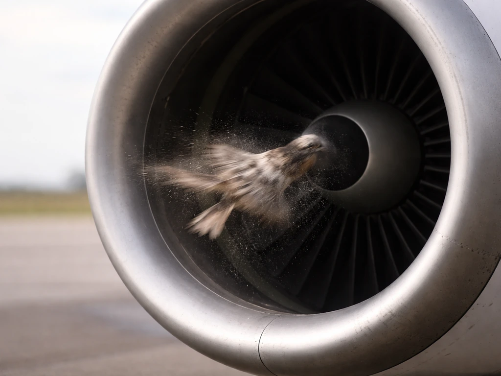 Close-up of a jet engine intake with a bird caught near the opening, suggesting engine ingestion impact.