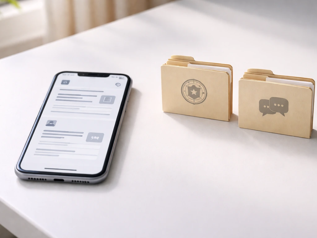 Minimal photo showing a smartphone with a news page placeholder and two documents labeled officially and social.
