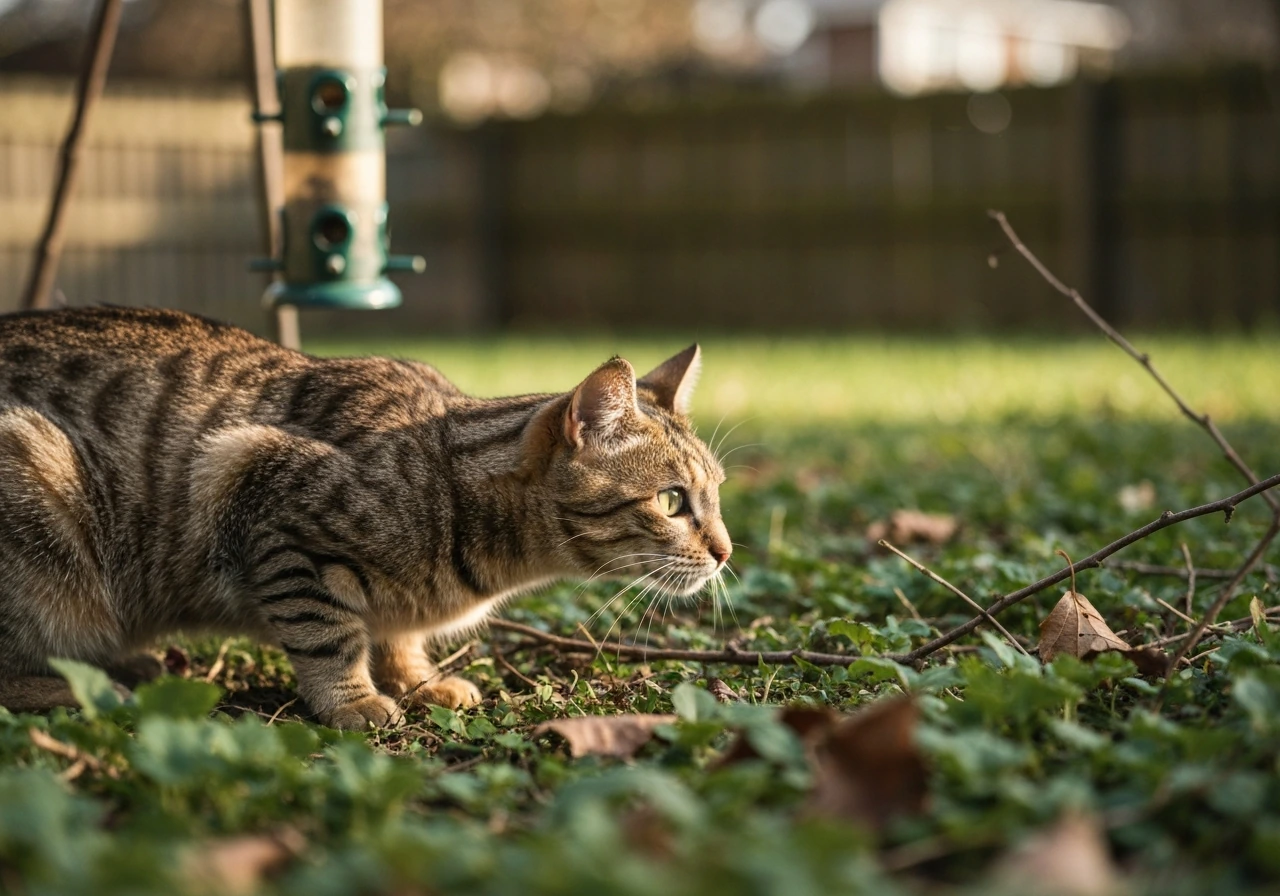 Cat crouched in garden near ground plants with a bird feeder blurred in the background.