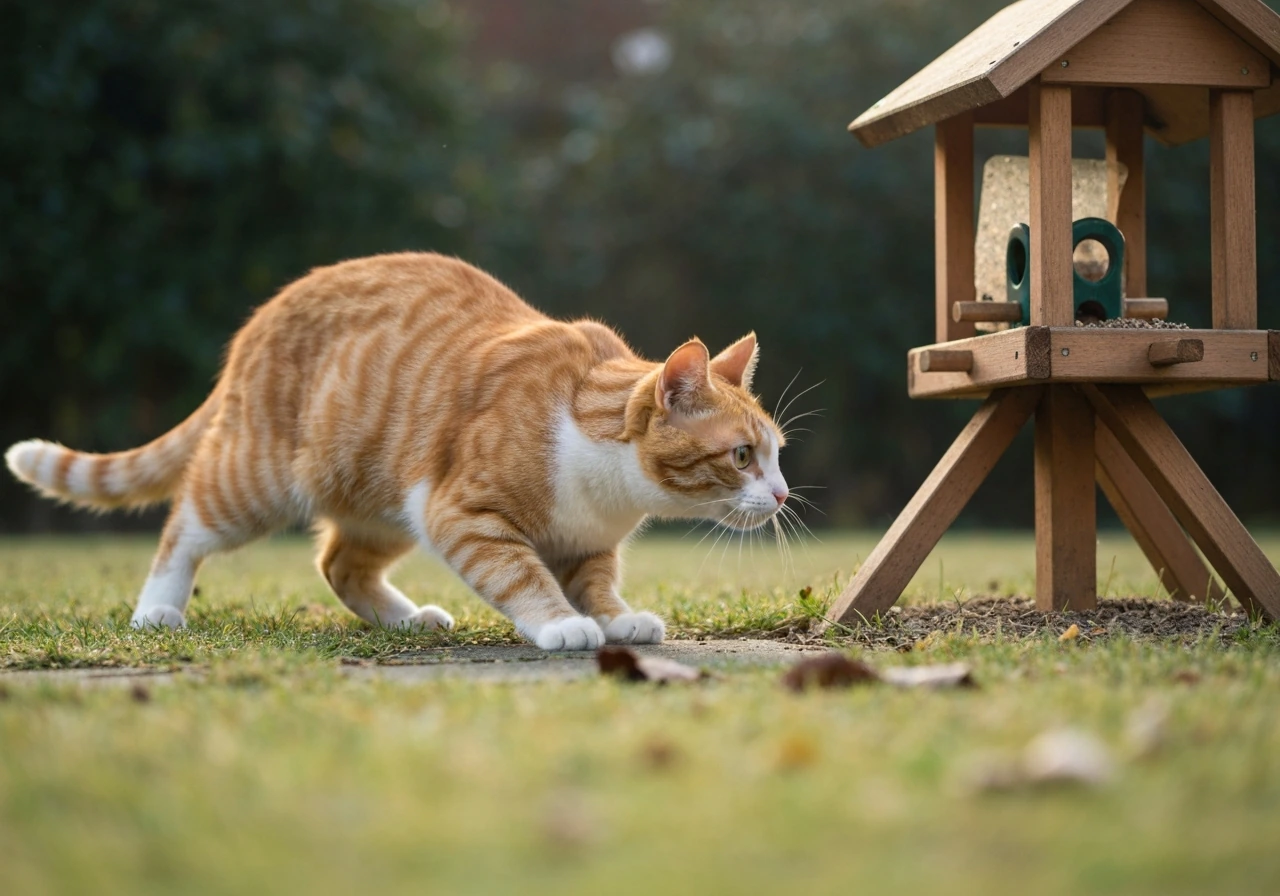 Tabby cat in low crouch stalking near a backyard bird feeder