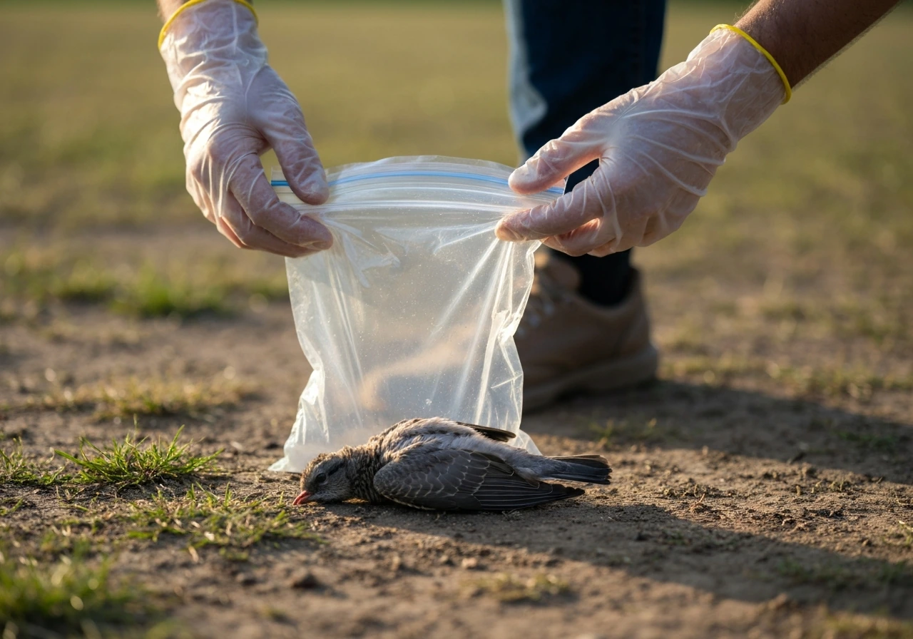 Disposable waterproof gloves and an inverted plastic bag enclosing a small dead bird on the ground.
