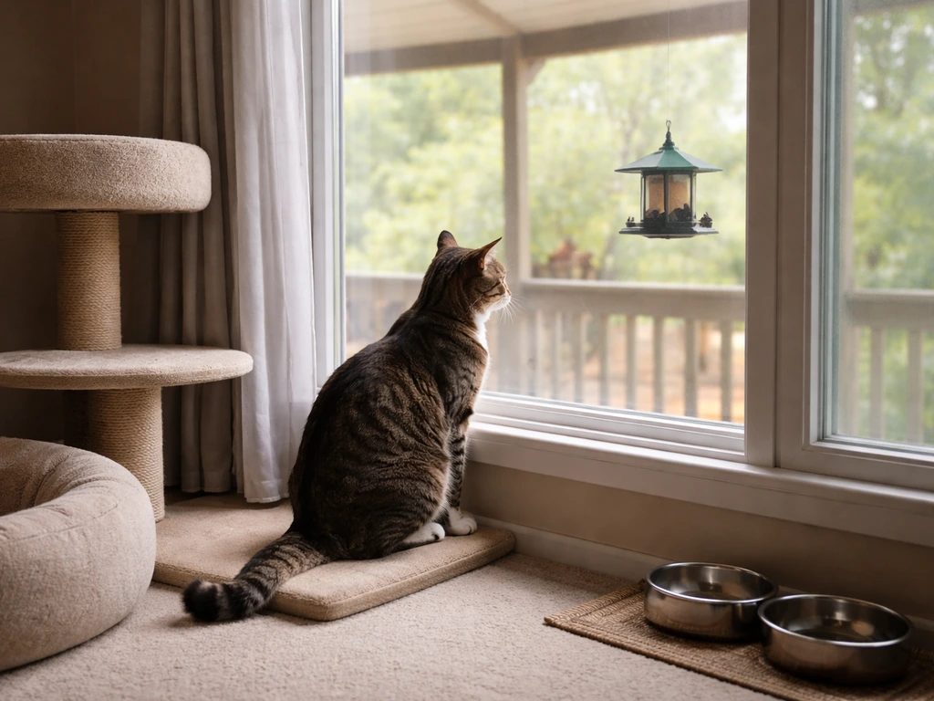Indoor cat by a window watching birds at a distant, cat-inaccessible feeder in a yard.