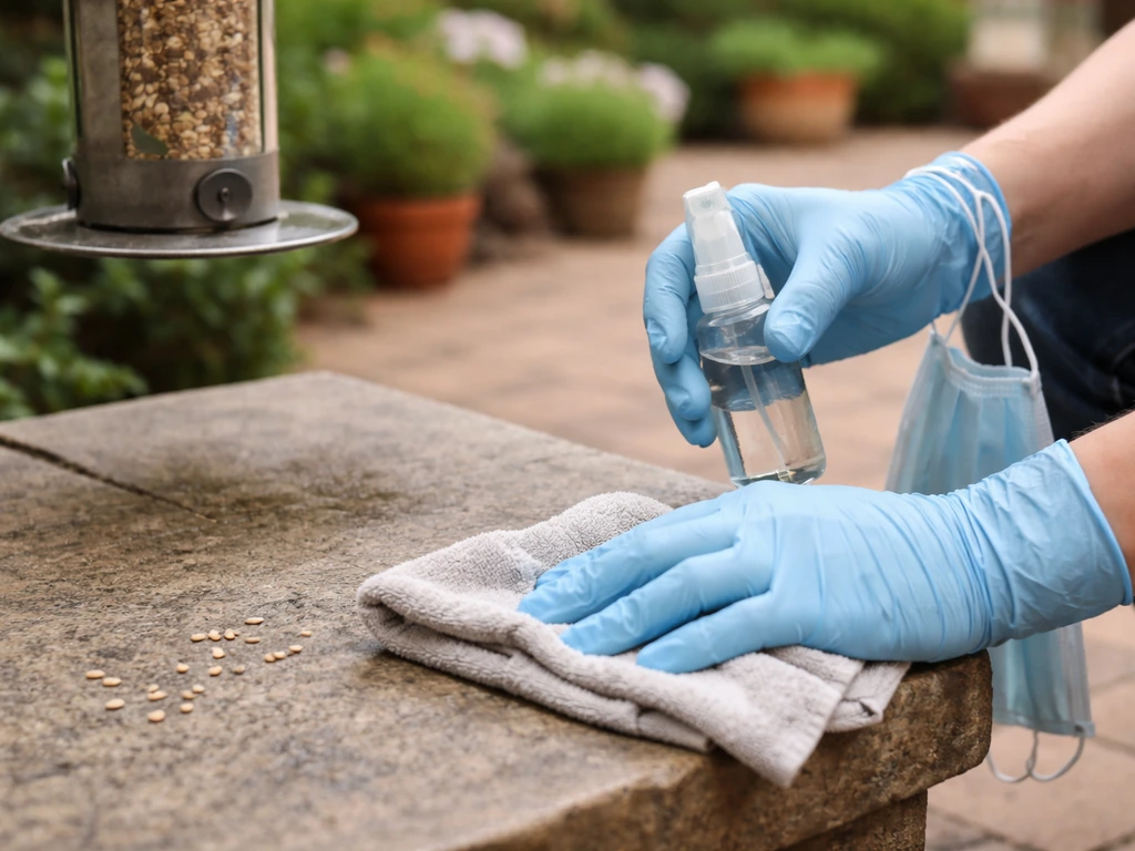 Gloved hands carefully wiping a bird feeder area outdoors with cloth and spray, suggesting safe cleanup.