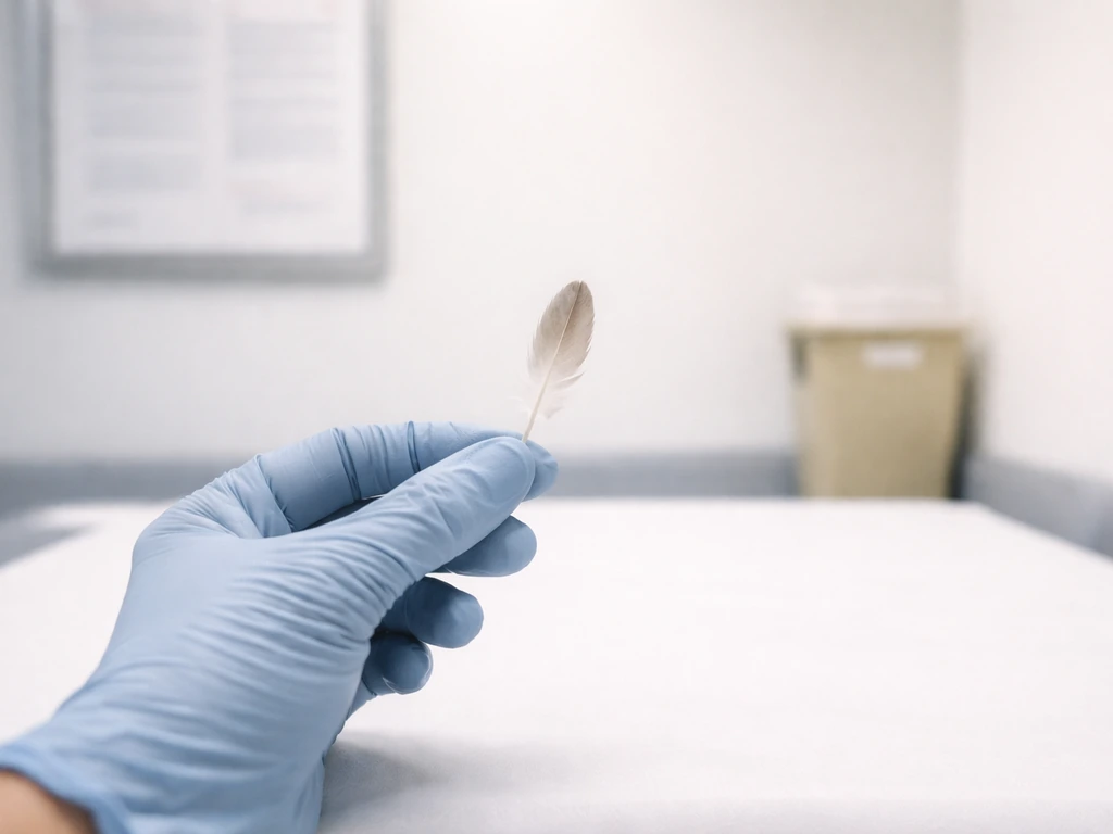 Clinic exam room with a gloved hand holding a small bird feather, suggesting mostly mild bird-related illness.