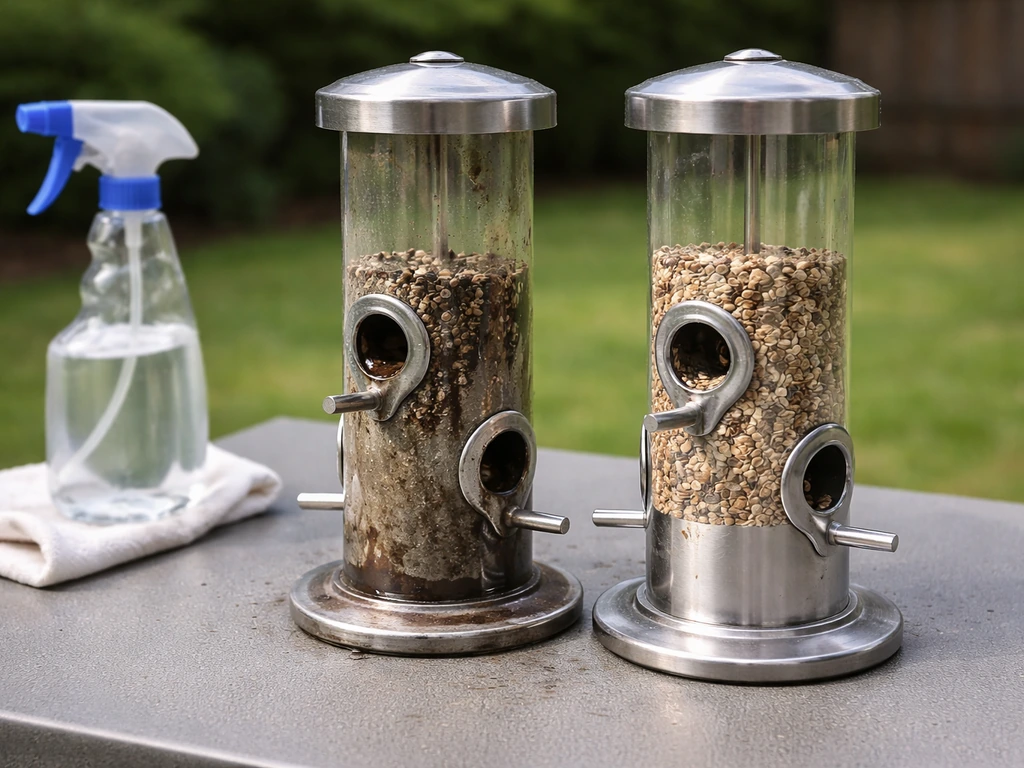 Two bird feeders on a patio—one looks grimy, the other freshly cleaned and ready for birds.