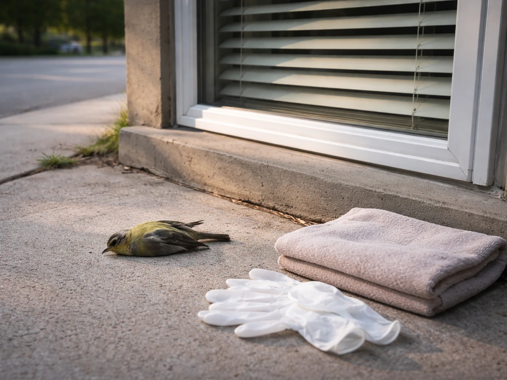 A small bird lies on the ground under a house window, with gloves and a towel nearby.