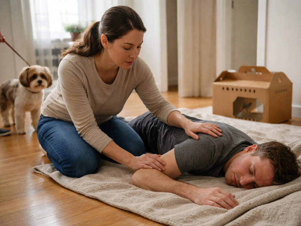 Caregiver checking an injured adult’s responsiveness while a restrained pet and covered bird box wait nearby.