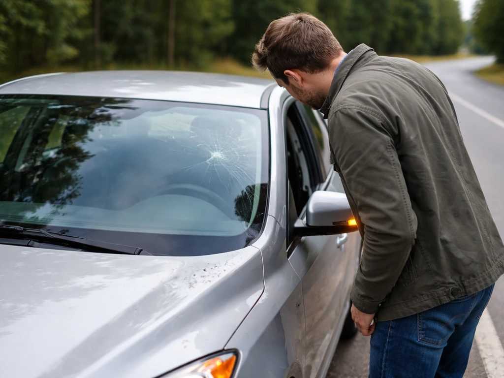 Driver outside a stopped car with hazard lights on, inspecting the windshield for impact damage on a roadside.