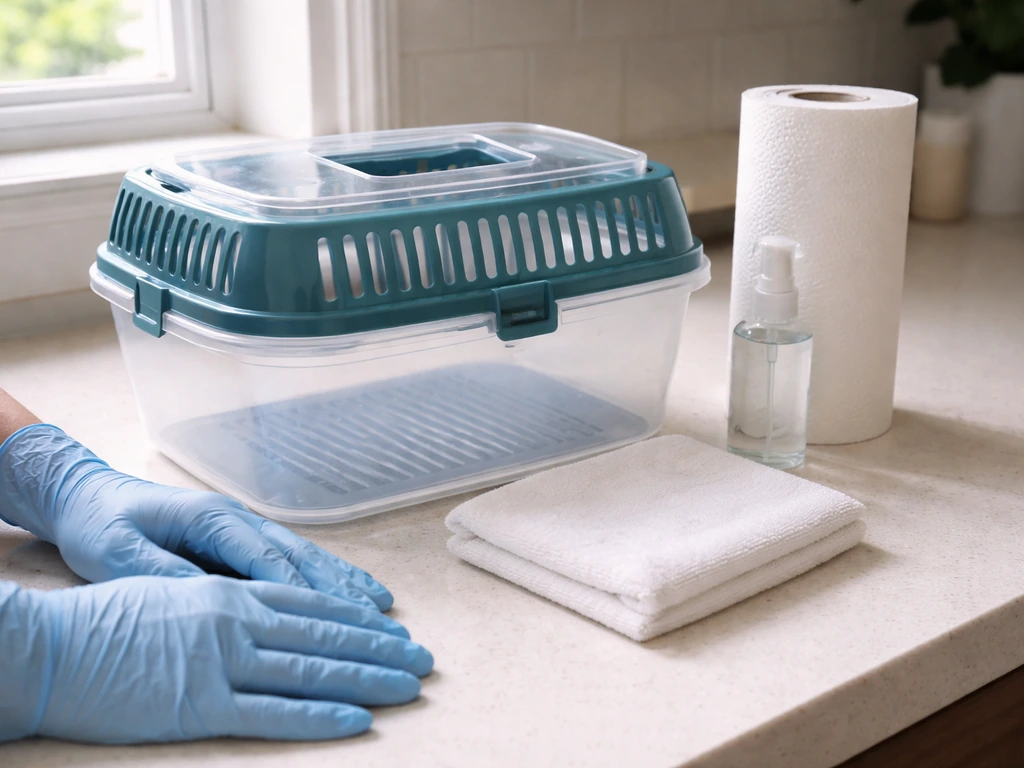 Gloves and disinfectant supplies laid out beside a bird transport container for safe cleaning hygiene.