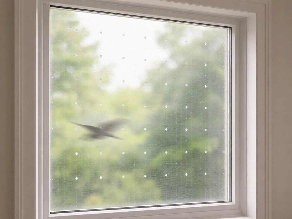Close-up of a window with visible bird-safe decals/film and mesh, with a blurred flight path implied.