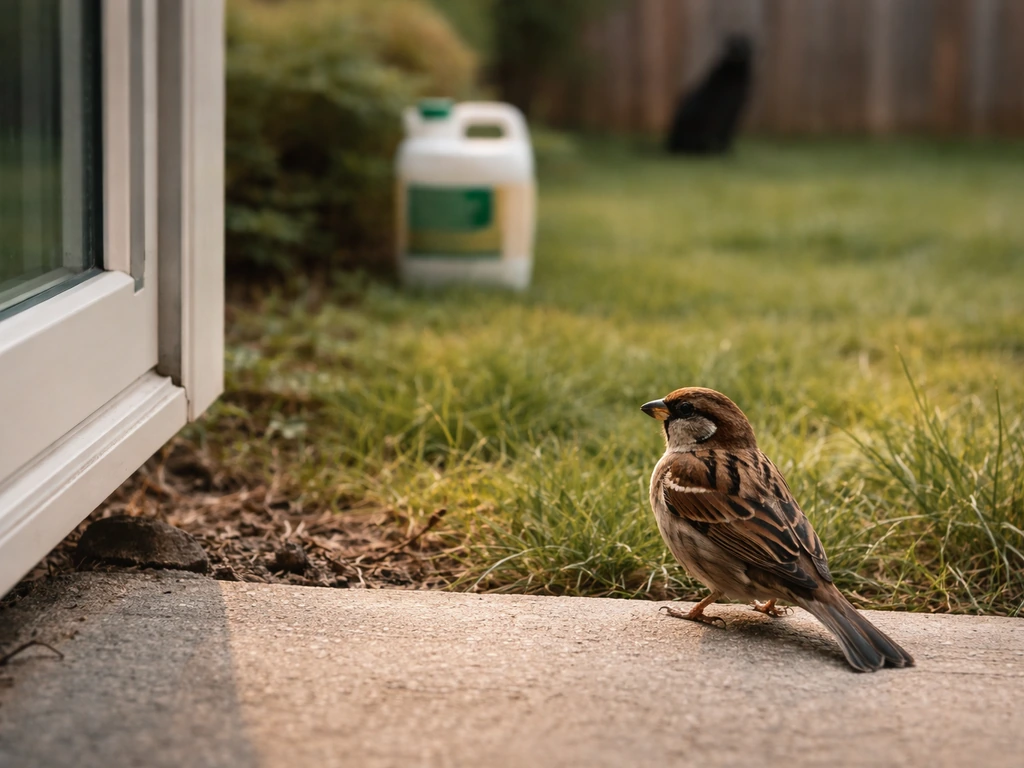 Small bird on a house yard edge with nearby window reflection, yard chemical container, and a distant cat silhouette.