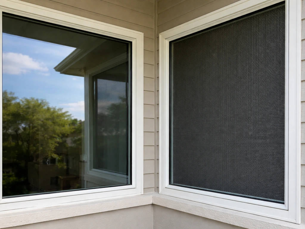 Close view of two adjacent windows: untreated glass on one side and a protective screen/film on the other.