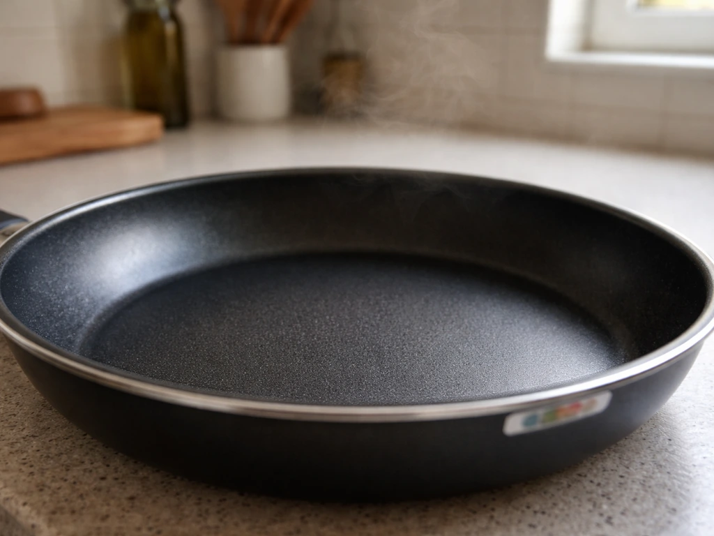 Close-up of a non-stick frying pan on a kitchen counter with faint haze suggesting airborne toxic fumes