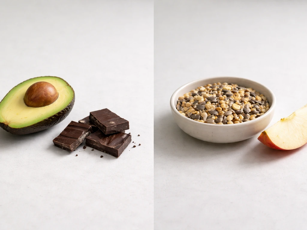 Avocado and dark chocolate on one side, bird-safe seeds and apple slice on the other, no text.