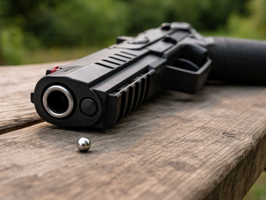 Close view of a BB air gun muzzle with one BB on a bench, no bird shown.