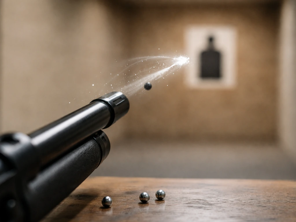 Close view of an air rifle muzzle aiming at a plain target, with glowing energy trail toward it.