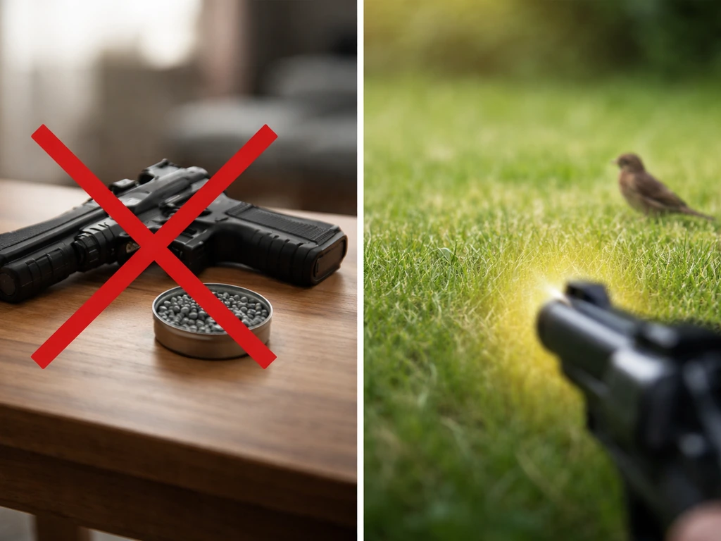 Split-panel photo showing an air gun on one side and a bird-safe warning scene on the other, no text.