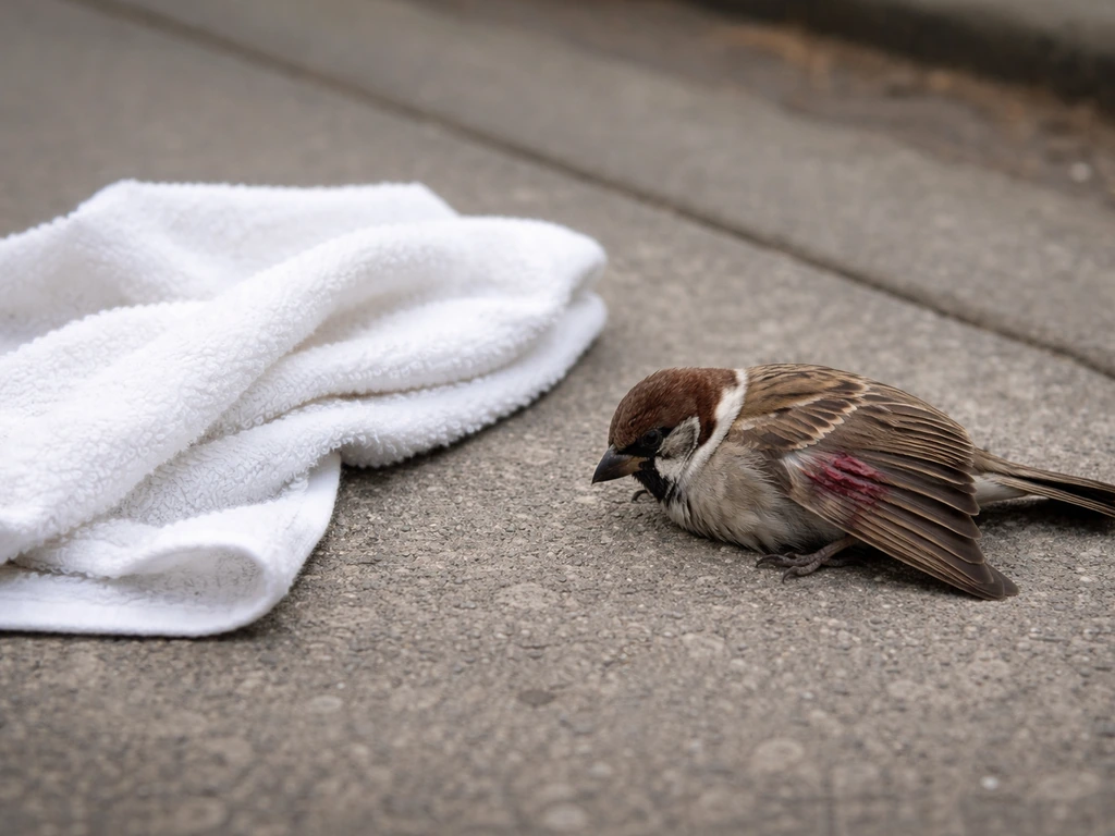 Injured small bird on pavement with a drooping wing and visible bleeding; nearby clean cloth and towel.
