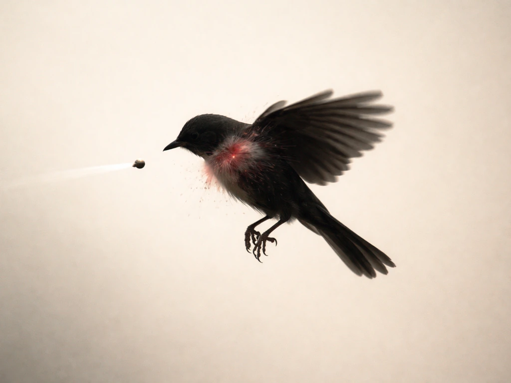 Small bird silhouette with a visible BB pellet impact and subtle non-graphic injury cues on a plain background