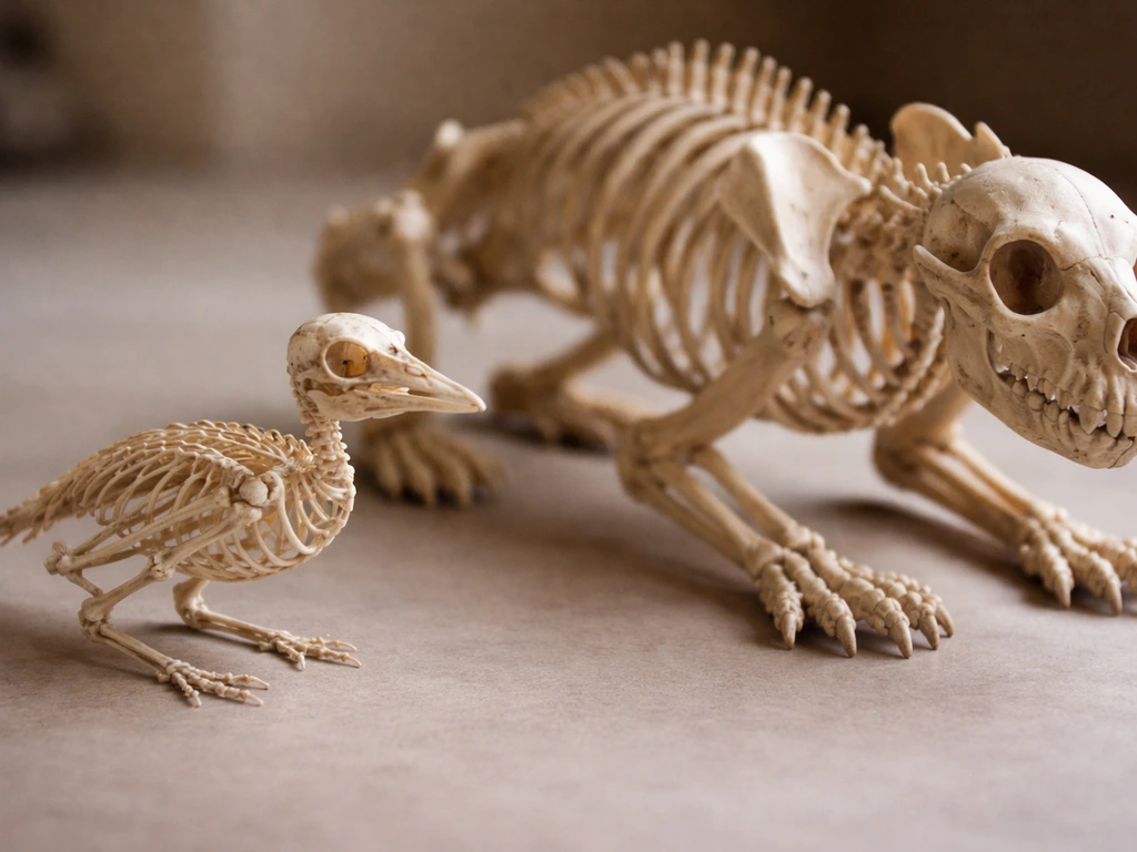 Close-up of fragile hollow bird-like bones next to thicker mammal-like bones on a neutral surface.