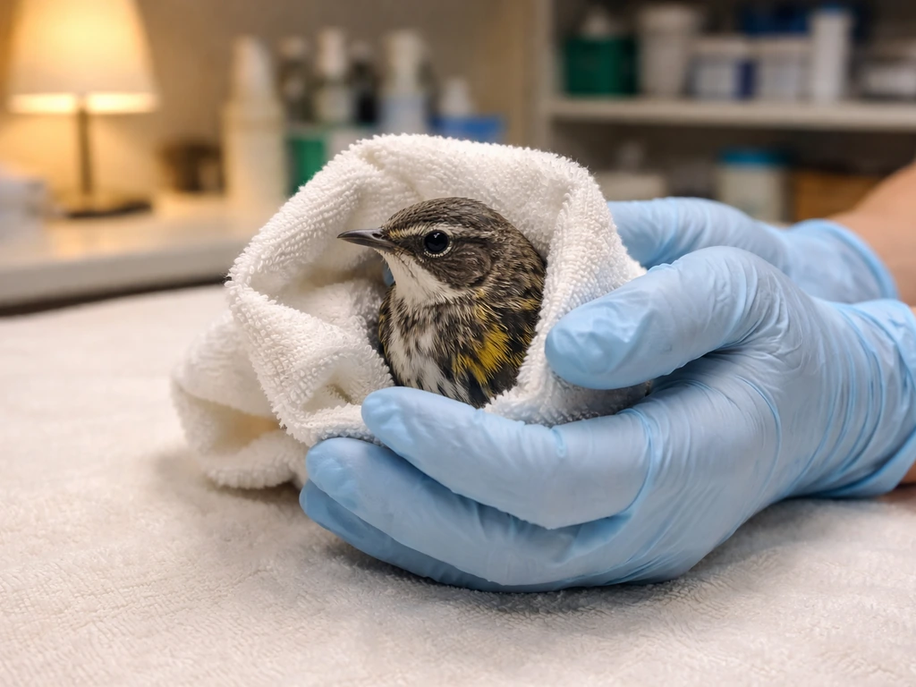 Gloved wildlife rehabilitator gently holds a small injured bird on a clean rehab exam surface.