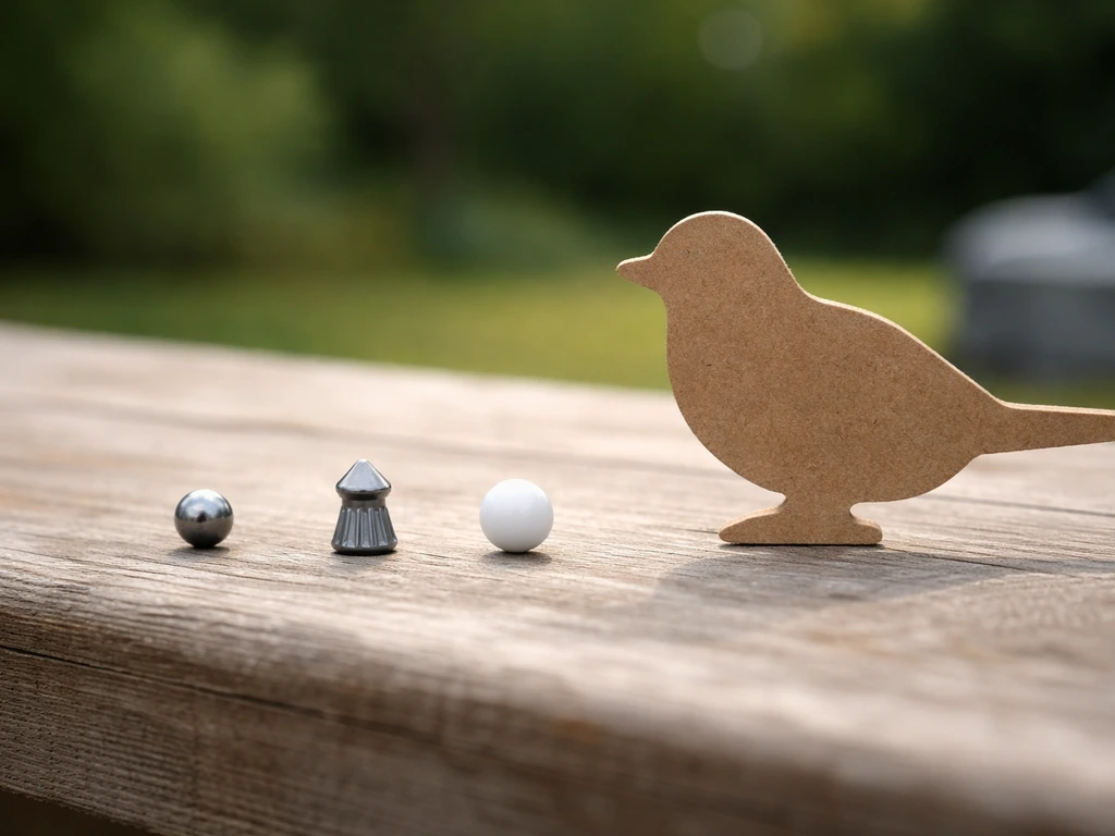 Minimal tabletop scene with three non-branded air-powered projectiles beside a small bird-shaped silhouette for risk con