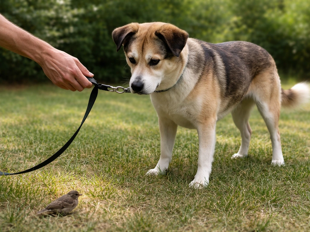 Calm dog gently leashed and guided away from a bird on the ground outdoors.