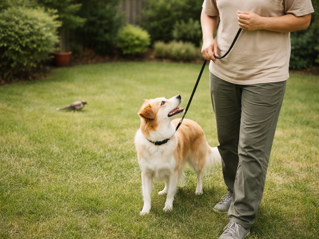 Calm owner calling a leashed dog away from a small bird on a quiet lawn.