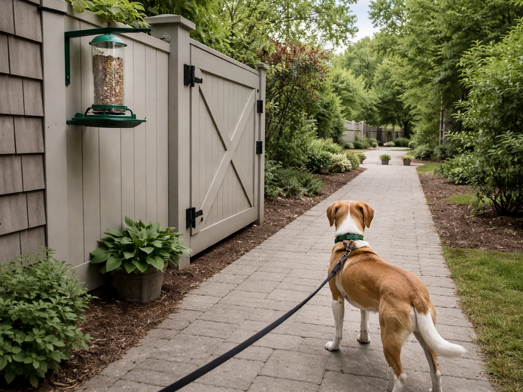 Dog on a short leash near a quiet path while a bird feeder is secured out of reach in a yard.