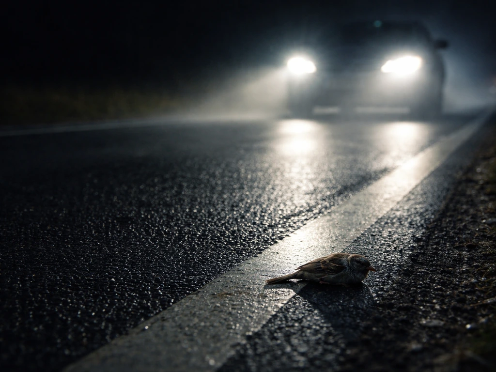 A small bird impacted near a road while car headlights illuminate wet asphalt at night.
