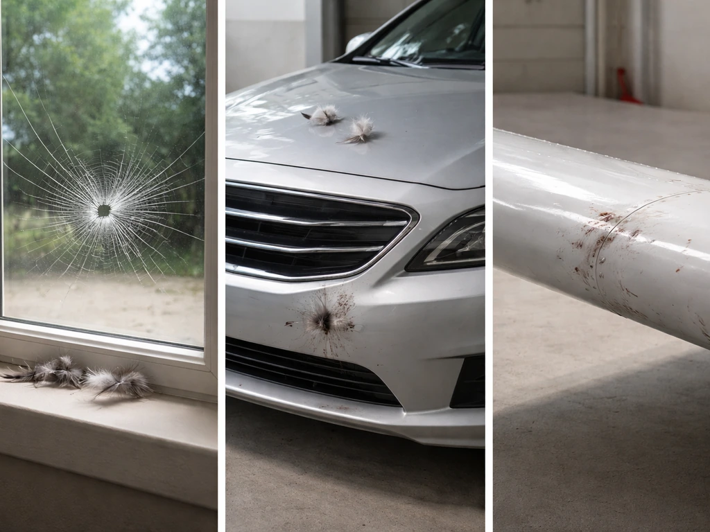 Three real-world bird strike scenes: cracked window, car impact mark, and scuffed aircraft wing.