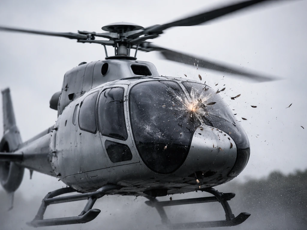 Side view of a helicopter with a nearby bird impact moment and scattered feathers in rotor-level air.