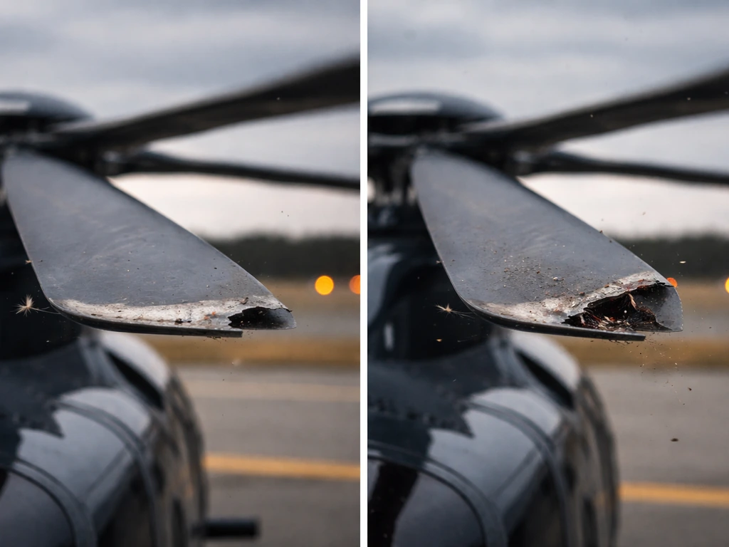 Close-up of a helicopter rotor blade showing nicked and cracked leading-edge damage after a bird strike.
