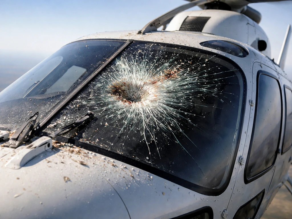 Helicopter windshield with shattered glass and small fragments from a bird impact.
