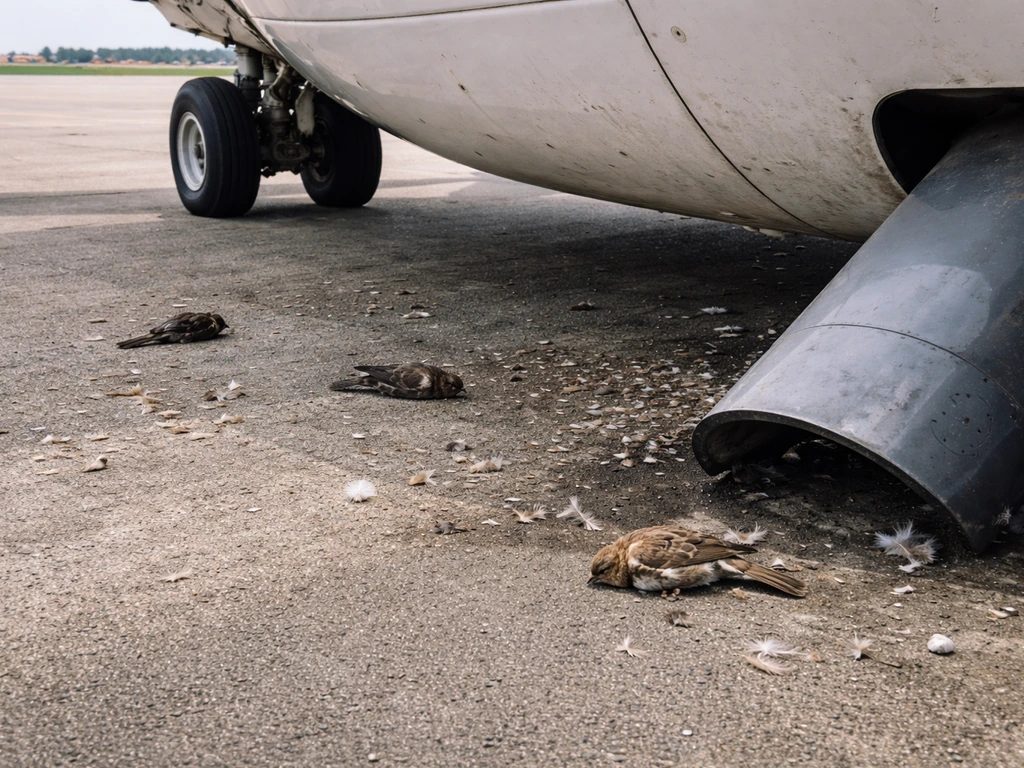 After bird strike, small bird remains and debris on the tarmac near an aircraft fuselage/rotor area.