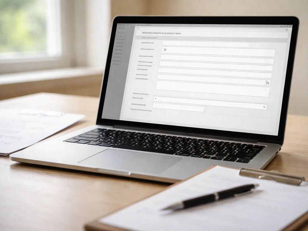 Close-up of a laptop on a desk showing a generic wildlife strike reporting form interface, with pen nearby.