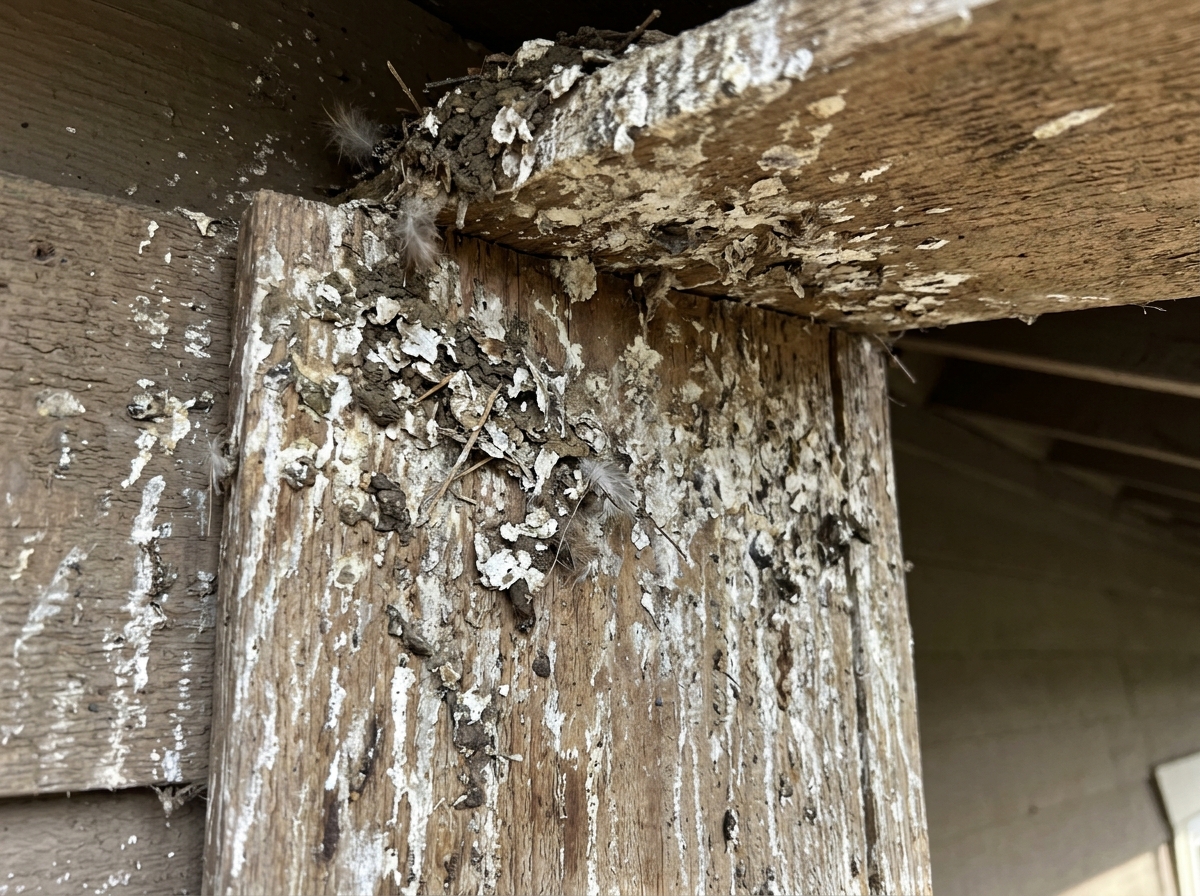 White-gray droppings and debris under an eave nest area