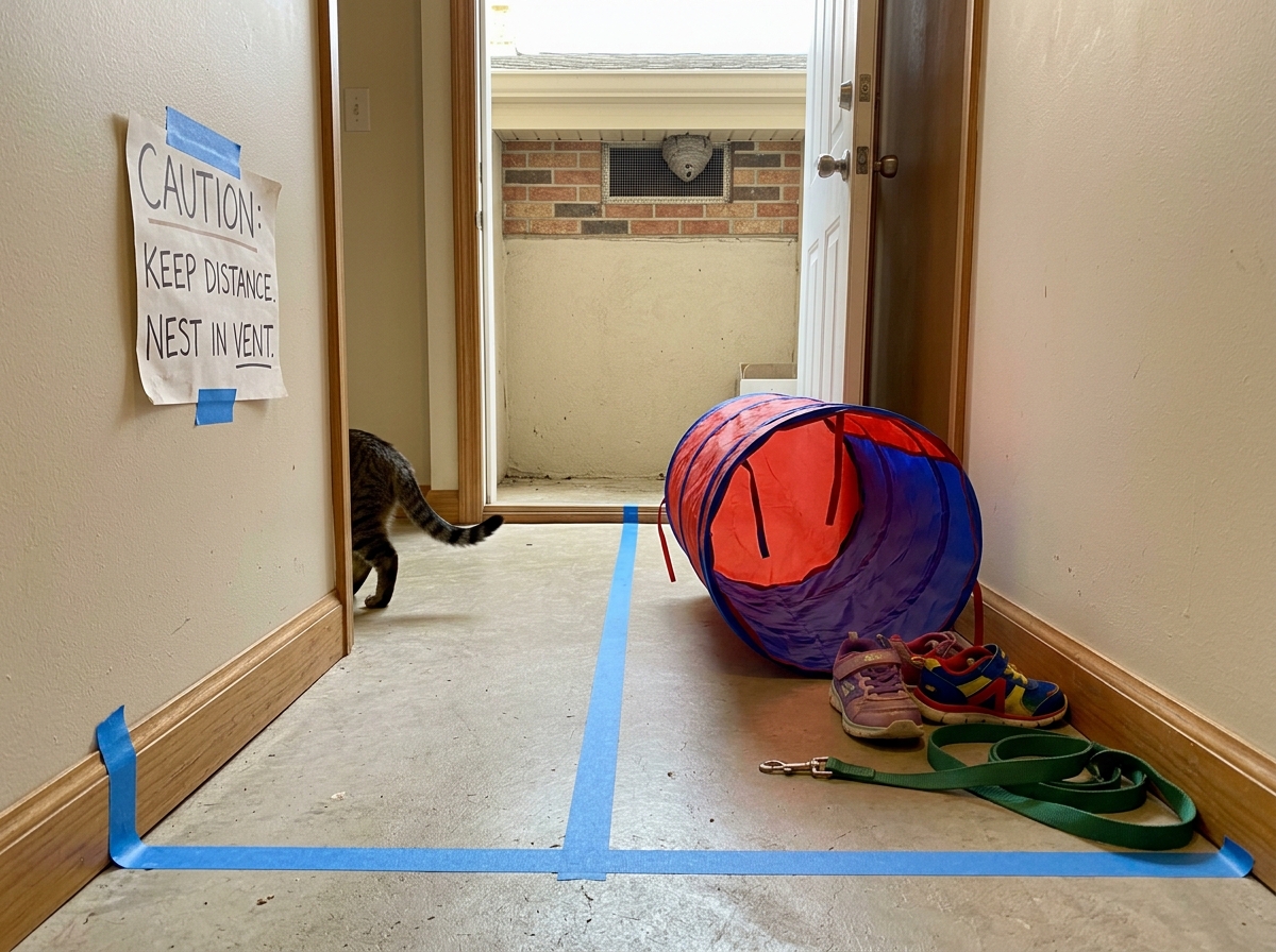Child and pet kept back behind a taped off safety boundary near nest