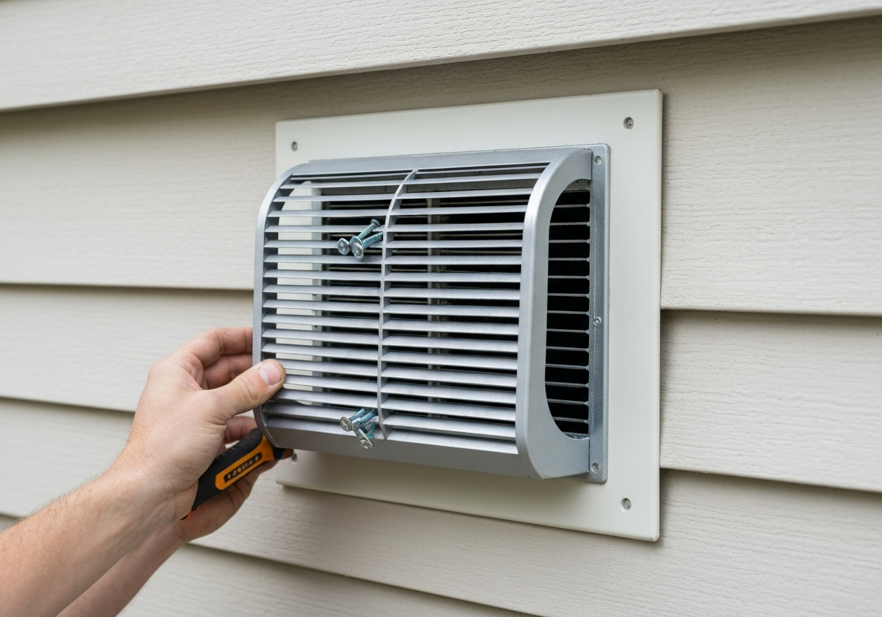 Vent guard/louvered cap installed over exhaust vent opening