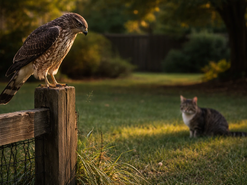 A hawk perched above a yard fence while a domestic cat watches from a safer distance.