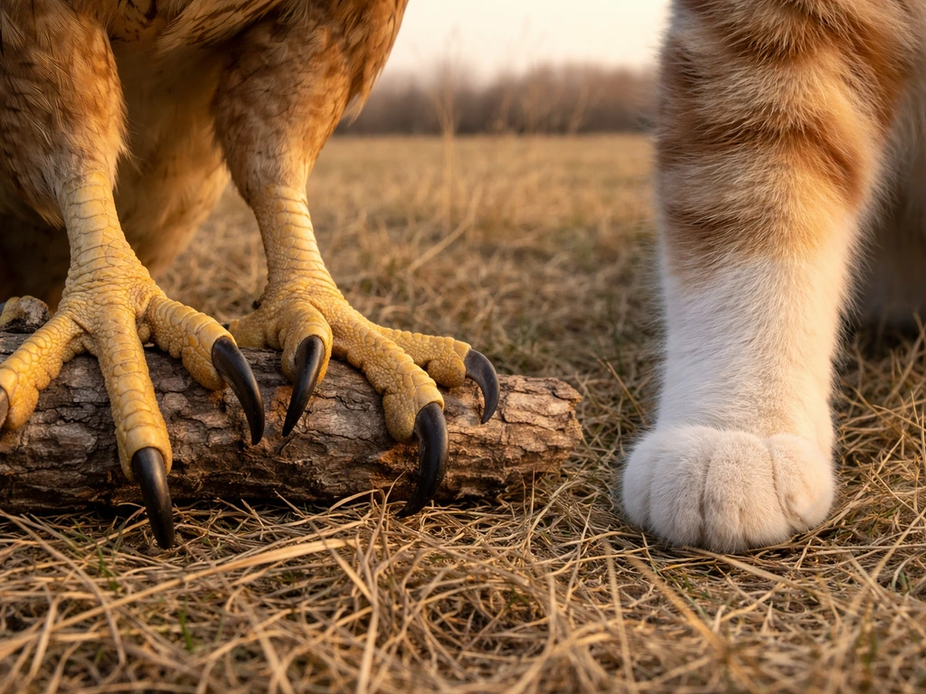Hawk talons next to a domestic cat paw on dry grass, showing raptor size for hunting feasibility.