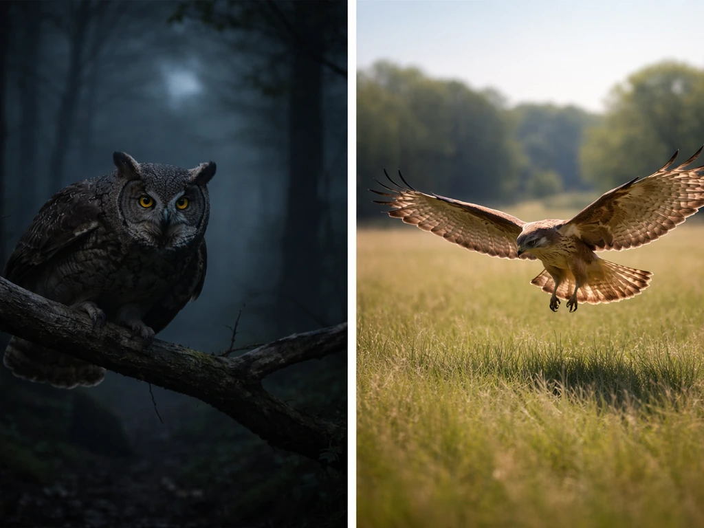 Split-scene of a great horned owl hunting at night and a hawk hunting in daylight, showing different hunting settings.
