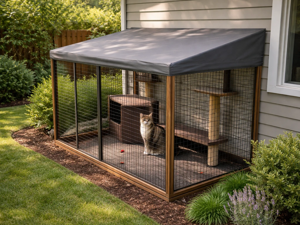 A covered catio enclosure in a backyard, showing overhead cover for safe bird-dive paths.