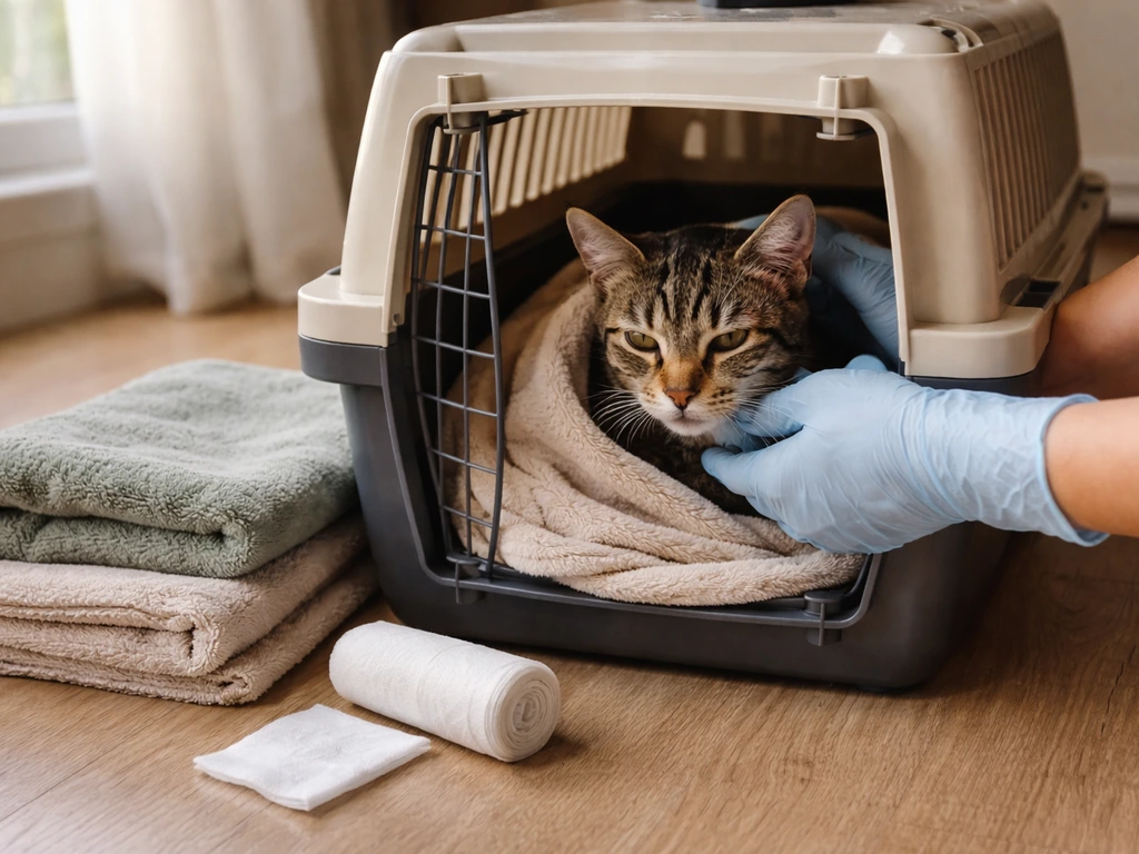 Gloved hands gently settling an injured cat into a warm pet carrier with gauze and towel nearby.