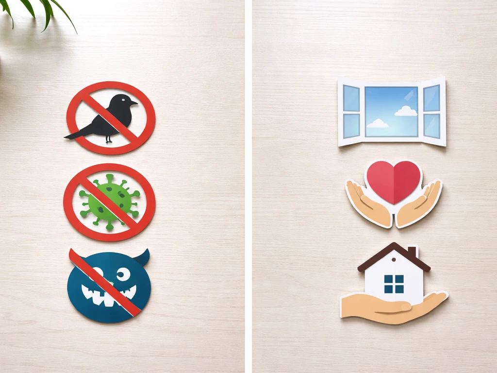 Minimal desk scene showing crossed-out bird/virus/monster icons beside calming safety icons.